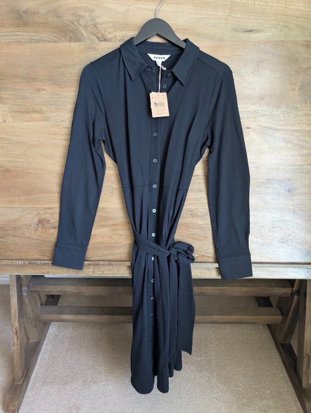 NWT Boden Shirt Dress Womens 8R Black Long Sleeve Belted Waist Button Front